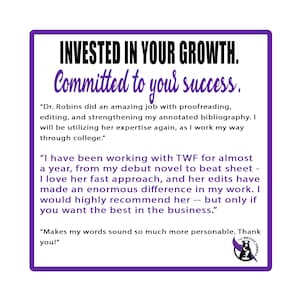 May include: A purple and white square with the text "INVESTED IN YOUR GROWTH. Committed to your success." and three customer testimonials. The text "The Writers Formula" is in a purple circle with a stylized black wolf.