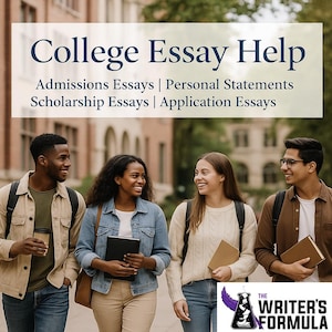 May include: Image features four college students walking and smiling. The text overlay reads "College Essay Help" with subheadings for admissions, personal, scholarship, and application essays. The Writer's Formula logo is in the bottom right corner.