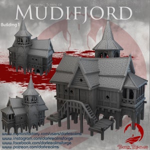 Puede incluir: Un modelo impreso en 3D de un edificio de madera con un techo puntiagudo y una pequeña torre. El edificio está sobre pilotes y tiene un puente de madera que conduce a él. El edificio está pintado de gris y tiene un fondo rojo.