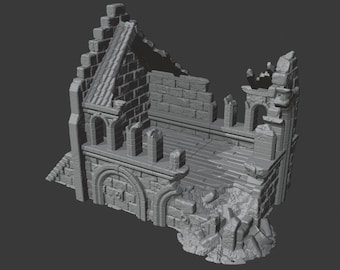 Puede incluir: Un modelo 3D impreso en gris de un edificio en ruinas. El edificio tiene una gran puerta arqueada y varias ventanas más pequeñas. El techo está parcialmente derrumbado y hay montones de escombros alrededor de la base del edificio.