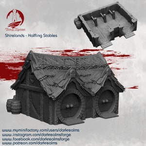 May include: A 3D printed model of a halfling stable, a small, two-door building with a thatched roof. The model is gray and has a rustic, wooden appearance. The text "Shirelands - Halfling Stables" is visible on the front of the model.