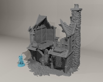 Tienda en ruinas de Briarwood Village 1 - Ruinas de tienda impresas en 3D, terreno para juegos de rol y de guerra
