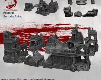Puede incluir: Un conjunto de piezas de edificios en ruinas impresas en 3D de color gris para juegos de mesa. Las piezas están diseñadas para parecerse a una caserna en ruinas. El conjunto incluye muros, torres y otros detalles. Las piezas están diseñadas para ser utilizadas con una variedad de juegos de mesa.