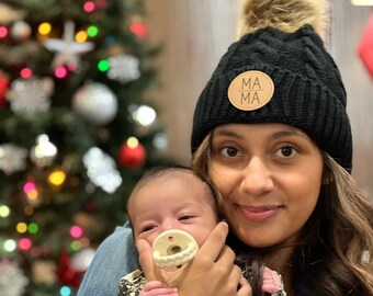 MAMA Pom Pom Beanie with Leather Patch, Laser Engraved, Glowforge