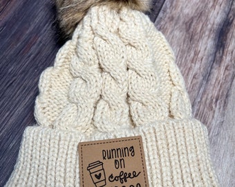 Coffee Beanie with Leather Patch, Laser Engraved, Glowforge, Running on Coffee and Grace