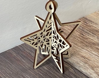 Laser Cut Star Ornament 3D, DIY Unique Christmas Ornament, Rustic Wooden Ornament