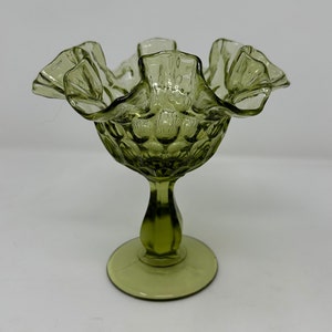 Vintage Mid-Century Modern Fenton Thumbprint Footed Compote Ruffled Edge Colonial Green MCM