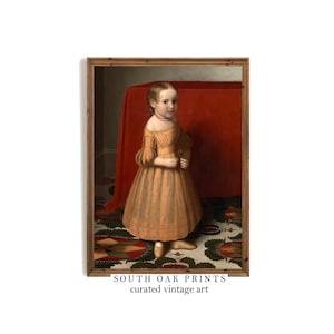 Antique Little Girl on Red Background Portrait Oil Painting | DIGITAL DOWNLOAD | Antique Wal Art | PRINTABLE | PTP6