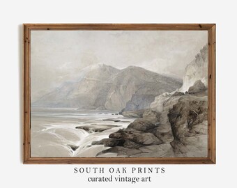 Rustiek neutraal berg schets vintage landschap tekening muur kunst print schilderij digitaal afdrukbare download groot formaat Home decor LND37