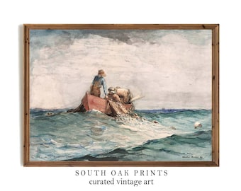 May include: A watercolor painting of two people in a red boat pulling in a fishing net. The boat is in the middle of a choppy sea with a cloudy sky above. The painting is framed in a wooden frame.