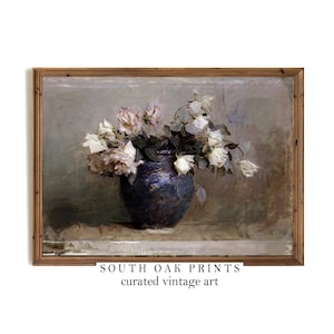 Pintura al óleo de rosas antiguas / DESCARGA DIGITAL / Bodegón botánico vintage Flores blancas Jarrón azul Arte de pared / SLF7