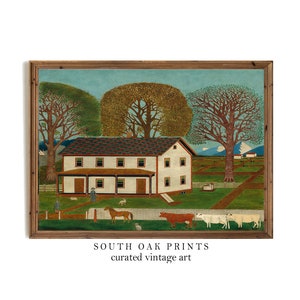 Antique Barn Farmhouse Oil Painting | PRINT DIGITAL DOWNLOAD | Vintage Farm Animals Trees Wall Art Decor | FMH15