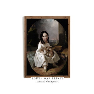 Antique Girl with a Cat Child Portrait Oil Painting Print | DIGITAL DOWNLOAD | Black Oval Frame Wal Art | PRINTABLE | PTP4