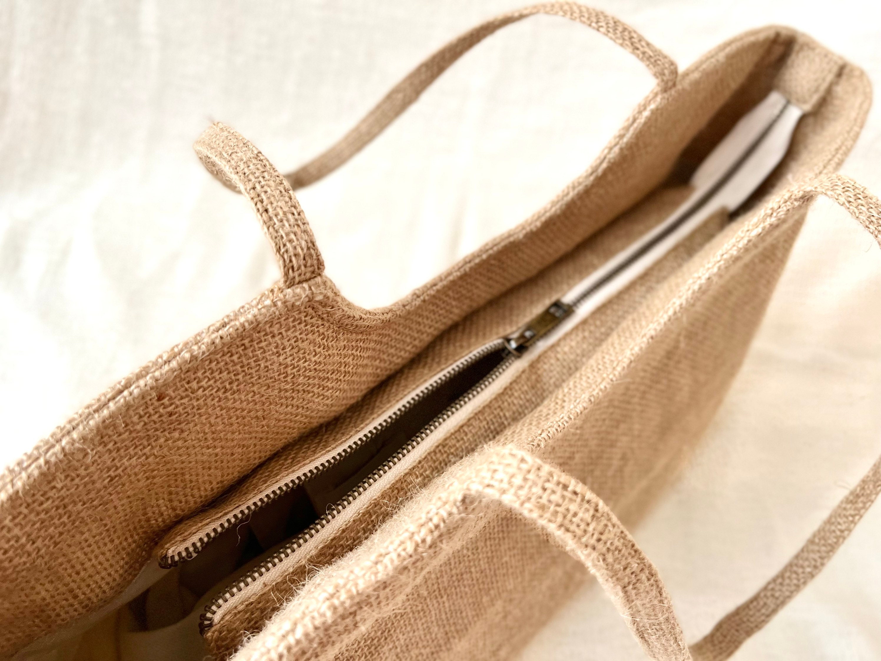 Handmade Jute Shoulder Bag With Zip Market Bag Tote Bag Raw