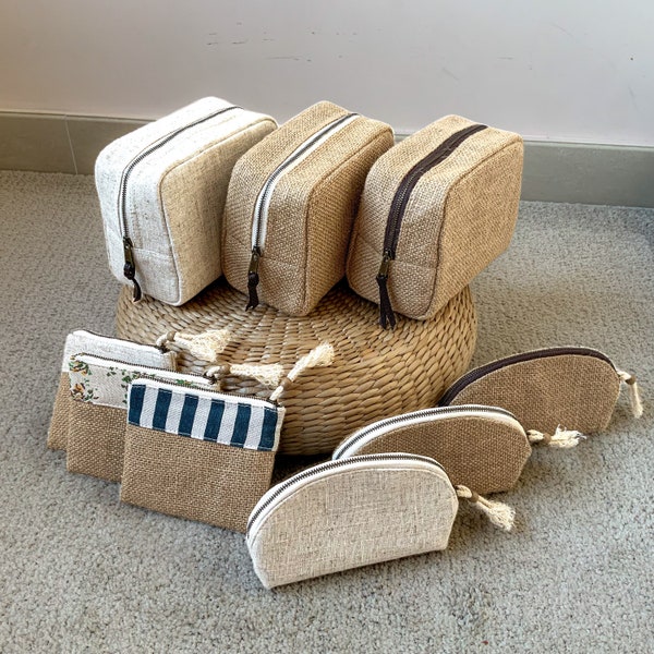 Trousse de toilette en lin, jute, petite trousse de maquillage, tissu naturel minimaliste