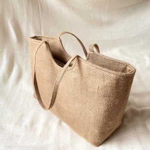 Handmade Jute Shoulder Bag with Zip Market Bag Tote Bag Raw Boho Minimalist Natural Fabric