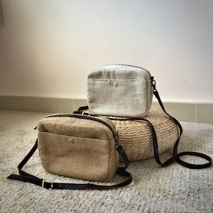 Sac à bandoulière fait main en lin et jute Naturel minimaliste unisexe