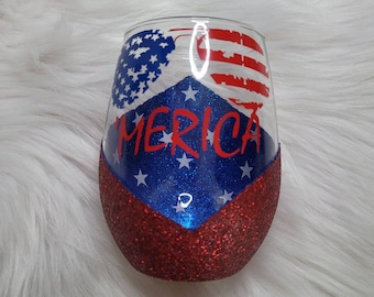 Merica Peekaboo Glitter Wine Glass | America | USA Cup | Stemless | 4th of July | Red White Blue | Stars & Stripes | Memorial Day | America