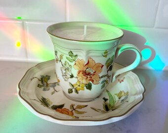 Handmade Soy Wax Candle Unscented - In Vintage 1979 Heritage Olde Tapestry Mikasa Cup & Saucer Set - Upcycled Eco-Friendly Container Candles