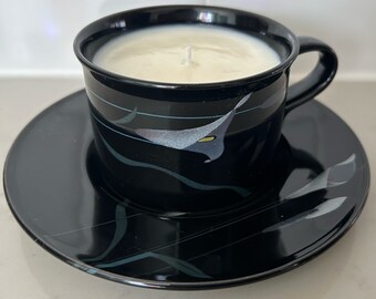 Handmade Soy Wax Candle Unscented - In Black Vintage 1980&#39;s Mikasa - Tea Cup and Saucer Candle Set - Upcycled Tea Cup Candles - Eco-Friendly