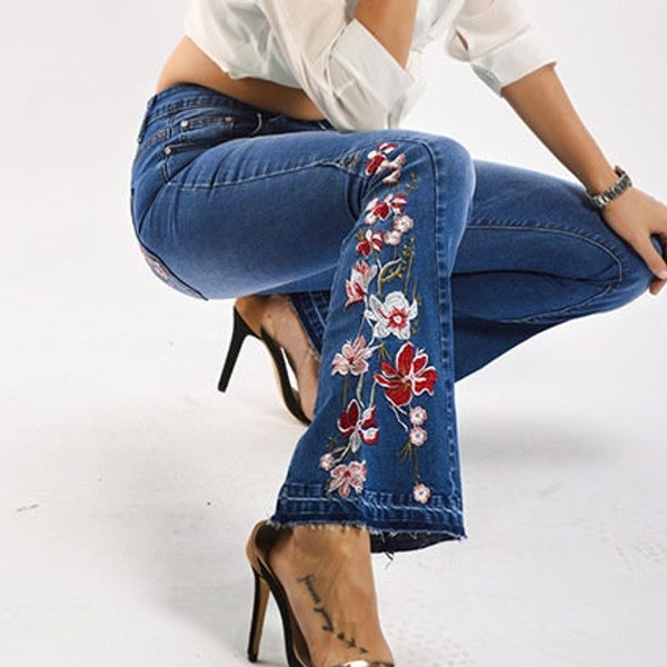 Floral Jeans, Skinny Jeans, Y2K Patch Embroidery Flore Jeans , Embroidery Floral Trousers Pants, Women's Denim Jeans