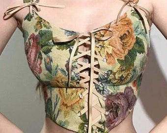 Floral Vintage Corset Crop Top, Victorian Floral Embroidered Corset, Vintage Floral Corset, Y2K Lace Corset Bustier, Renaissance Corset