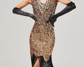 Gold Strappy Mini Great Gatsby Dress, Gold 1920s Sequin Beaded Double Tassels Party Night Flapper Gown Dress, Roaring 20s Great Gatsby Dress