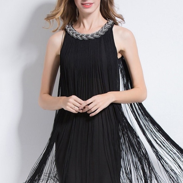 Beaded Fringe Flapper Dress, Vintage inspired Great Gatsby Dress, Gatsby Dress Black Dress