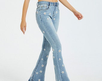 Flower Flare Denim Pants, Women's Vintage Jeans, Floral Skinny Denim Pants, Cute Embroidery Jean