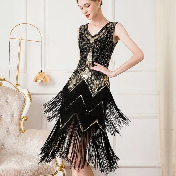 Gatsby Hochzeits-Partykleid, Doppel-V-Ausschnitt ärmellos Perlen Pailletten Quaste Kleid, Art Deco Flapper Kleid für Party