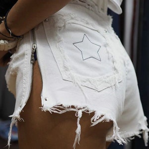 Zipper Ripped Denim Shorts, White High Waist Button Denim Shorts, Star Embroidery Women Jeans Short