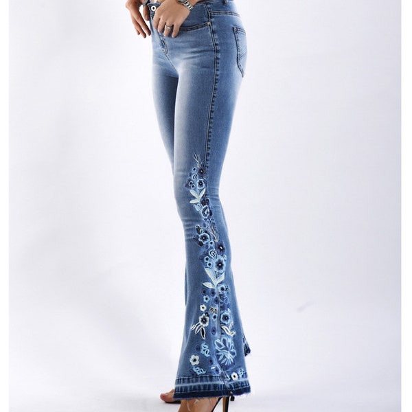 Embroidered Denim Jeans, Floral Jeans, Skinny Jeans, Women's Mid Waist Denim, Y2K Women Embroidery Flore Jeans