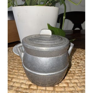 May include: A small, silver-colored metal cooking pot with a lid. The pot has two small handles and sits on a woven mat. A white pot and green plant are in the background.