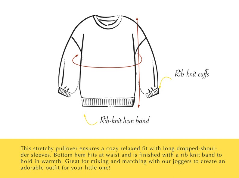 Puede incluir: Un dibujo en blanco y negro de un su&eacute;ter de cuello redondo con mangas largas, un dobladillo de punto de canal&eacute; y pu&ntilde;os de punto de canal&eacute;. El su&eacute;ter est&aacute; dise&ntilde;ado para un ajuste relajado.