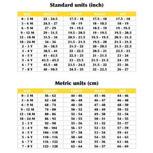Puede incluir: Un gr&aacute;fico que muestra las medidas de tama&ntilde;o est&aacute;ndar y m&eacute;tricas para la ropa de los ni&ntilde;os. El gr&aacute;fico incluye las medidas de tama&ntilde;o, altura, pecho, cintura y cadera en pulgadas y cent&iacute;metros.