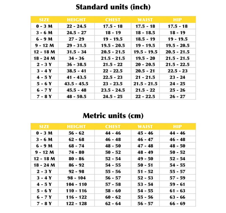 Puede incluir: Un gr&aacute;fico que muestra las medidas de tama&ntilde;o est&aacute;ndar y m&eacute;tricas para la ropa de los ni&ntilde;os. El gr&aacute;fico incluye las medidas de tama&ntilde;o, altura, pecho, cintura y cadera en pulgadas y cent&iacute;metros.