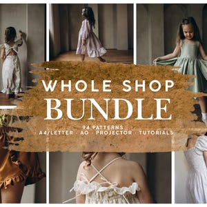 Puede incluir: Un collage de ropa infantil, incluyendo vestidos y pantalones cortos, con el texto "WHOLE SHOP BUNDLE" y "94 PATTERNS". La imagen presenta una variedad de estilos y colores, mostrando una gama de ropa para niños.