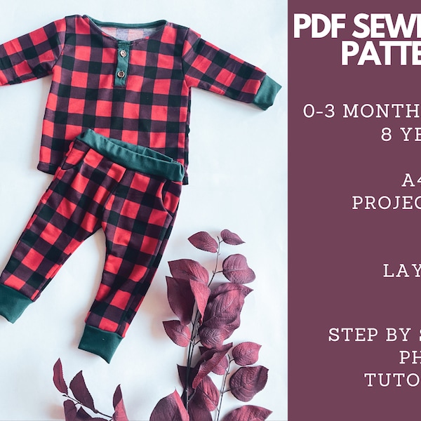 The Classic Pajamas top & pants sewing pattern | A4 A0 and Projector formats | Baby and toddler sizes