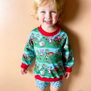 Puede incluir: Un ni&ntilde;o o ni&ntilde;a lleva una sudadera de manga larga azul y verde con estampado de animales de granja. La sudadera tiene ribetes rojos y un patr&oacute;n de rayas rojas y blancas. El ni&ntilde;o o ni&ntilde;a tambi&eacute;n lleva pantalones cortos azules y verdes con estampado de animales de granja.