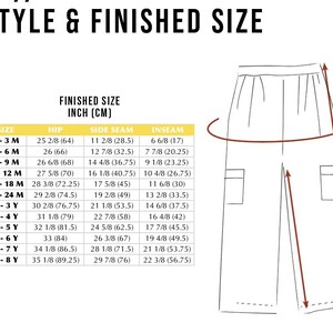 May include: A chart showing finished size measurements for pants in inches and centimeters. The chart includes measurements for hip, side seam, and inseam. The measurements are listed for sizes ranging from 0-3 months to 7-8 years.