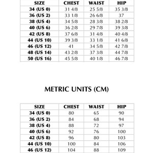 May include: A size chart for men's clothing with measurements in inches and centimeters. The chart shows chest, waist, and hip measurements for sizes 34 to 50.