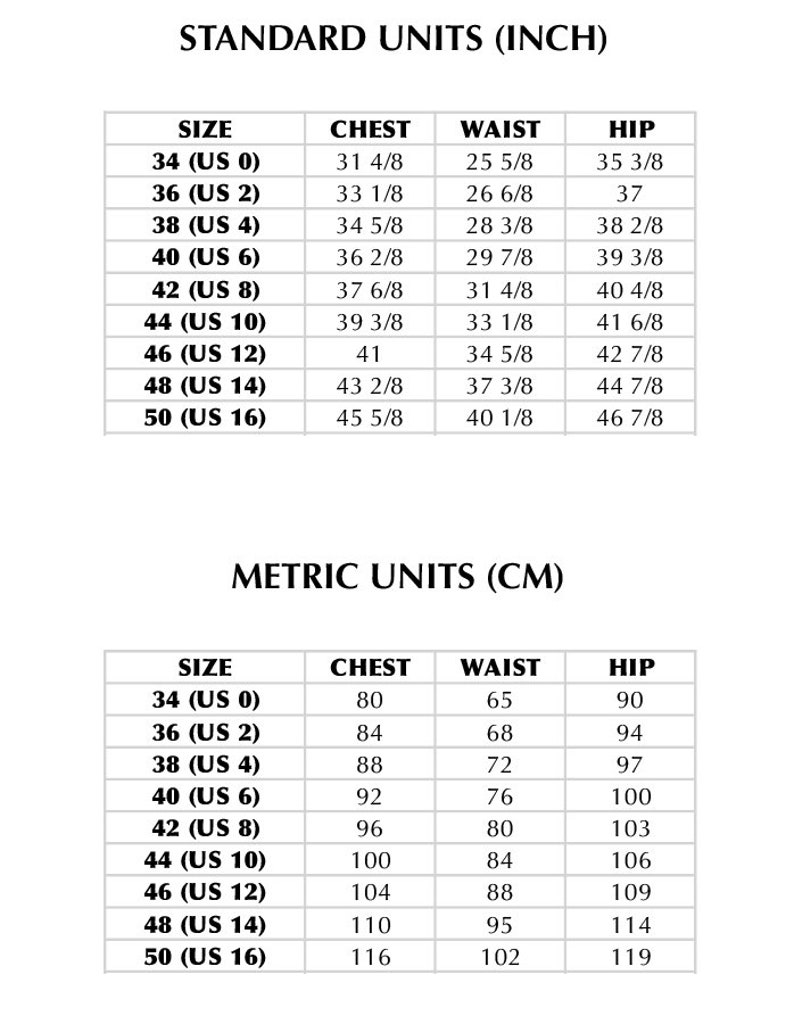 May include: A size chart for men's clothing with measurements in inches and centimeters. The chart shows chest, waist, and hip measurements for sizes 34 to 50.