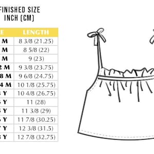 May include: A chart showing finished size measurements in inches and centimeters for a sleeveless top. The chart lists sizes from 0-3 months to 7-8 years and corresponding lengths in inches and centimeters.