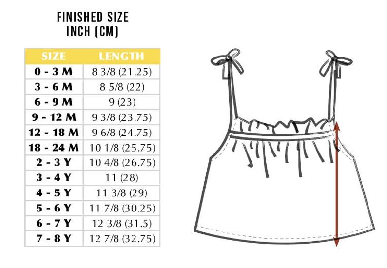May include: A chart showing finished size measurements in inches and centimeters for a sleeveless top. The chart lists sizes from 0-3 months to 7-8 years and corresponding lengths in inches and centimeters.