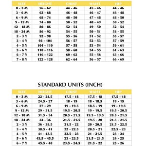 May include: A chart showing size conversions for children's clothing in both metric and standard units. The chart includes measurements for height, chest, waist, and hip.