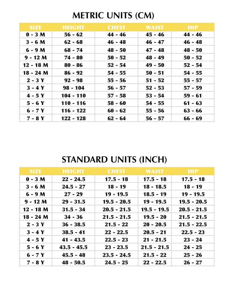 May include: A chart showing size conversions for children's clothing in both metric and standard units. The chart includes measurements for height, chest, waist, and hip.