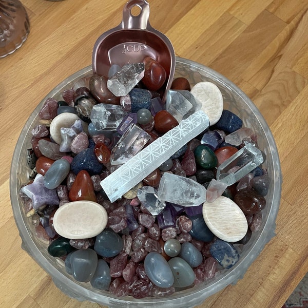 Unique crystal confetti fairy scoop, 1/4 cup, crystal confetti, fairy scoop, mini mushrooms, pendants, tumbles and palm stones.