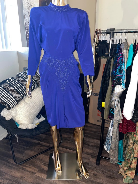 Royal Blue Knee length Vintage Long Sleeve Dress Gem