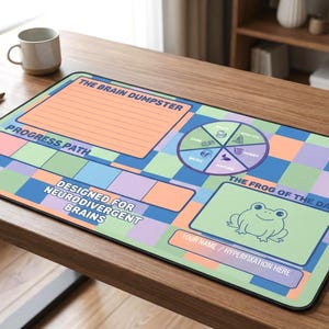 Peut inclure: Un tapis de bureau rectangulaire avec un motif de damier coloré et du texte qui dit "The Brain Dumpster", "Progress Path", "Designed for Neurodivergent Brains" et "The Frog of the Day". Une tasse et un stylo sont sur le bureau.