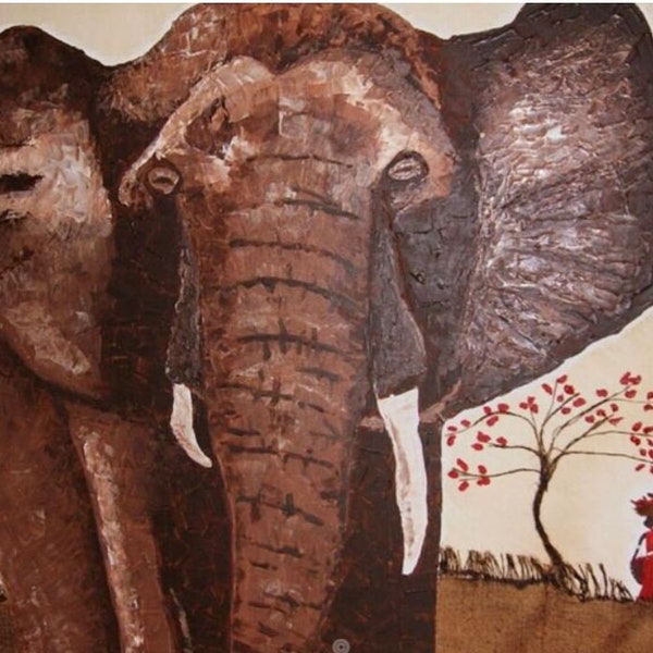 Tableau toile peinture elephant Afrique africaine africa signé original salon chambre 61x50